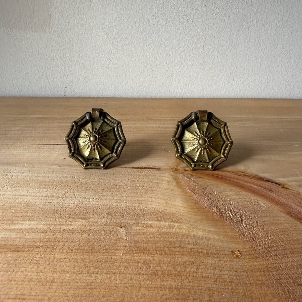 Vintage Brass Drawer Pull Ornate Drop Handle Spider Web Sunburst Design